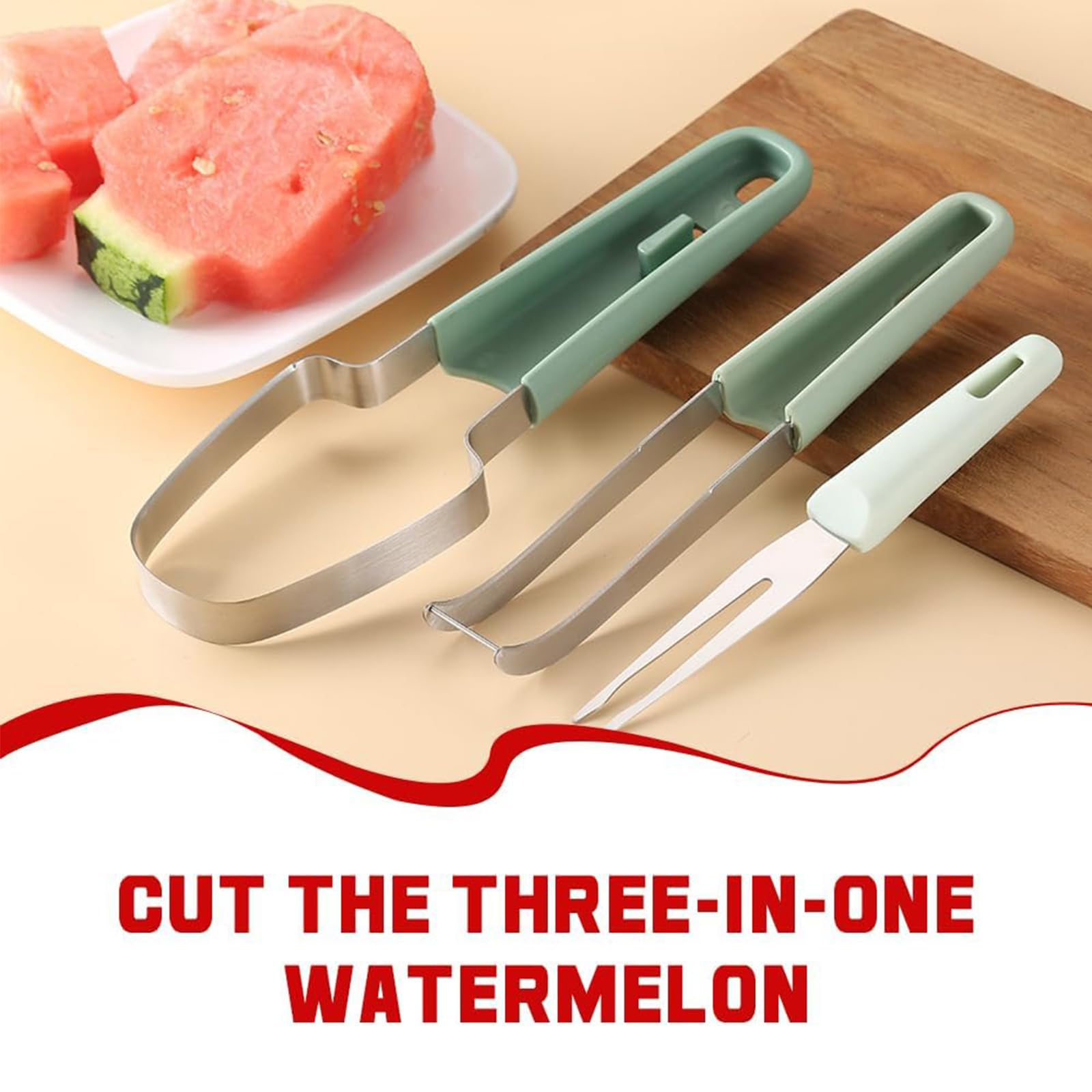 3-in-1 Watermelon Cutter Slicer Tool, Watermelon Stainless Steel Fork Slicer Set, Portability Multifunctional Handheld Fruit Fork for Home Camping Kitchen Gadgets