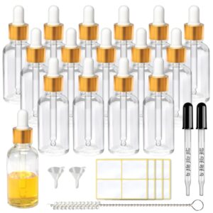 asherxin 1oz clear glass dropper bottle with dropper 16 pcs 30ml dropper bottle for essential body oils with 2 funnels & 2 extra glass measured pipette 1 cleaning brush & 16 labels for cosmetic/travel