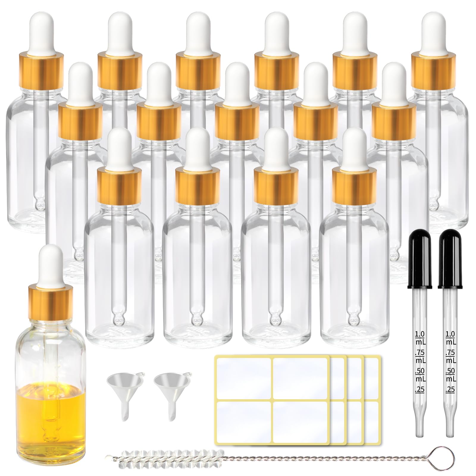 Asherxin 1oz Clear Glass Dropper Bottle with Dropper 16 pcs 30ml Dropper Bottle for Essential Body Oils with 2 Funnels & 2 Extra Glass Measured Pipette 1 Cleaning Brush & 16 Labels for Cosmetic/Travel