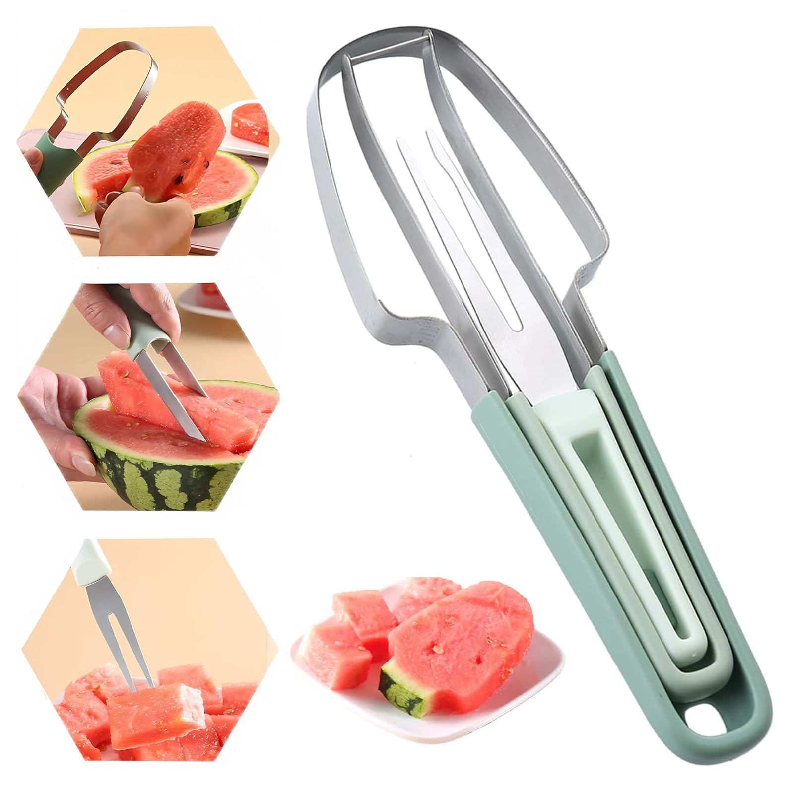 3-in-1 Watermelon Cutter Slicer Tool, Watermelon Stainless Steel Fork Slicer Set, Portability Multifunctional Handheld Fruit Fork for Home Camping Kitchen Gadgets