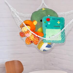 Dimeho Stuffed Animal Storage Hammock, Corner Hanging Stuffed Animal Net or Hammock Jumbo Toy Hammock Teddy Bear Stuff Animals Plush Toy Holder for Room Decor with Hooks Expands 5.5 feet (White)