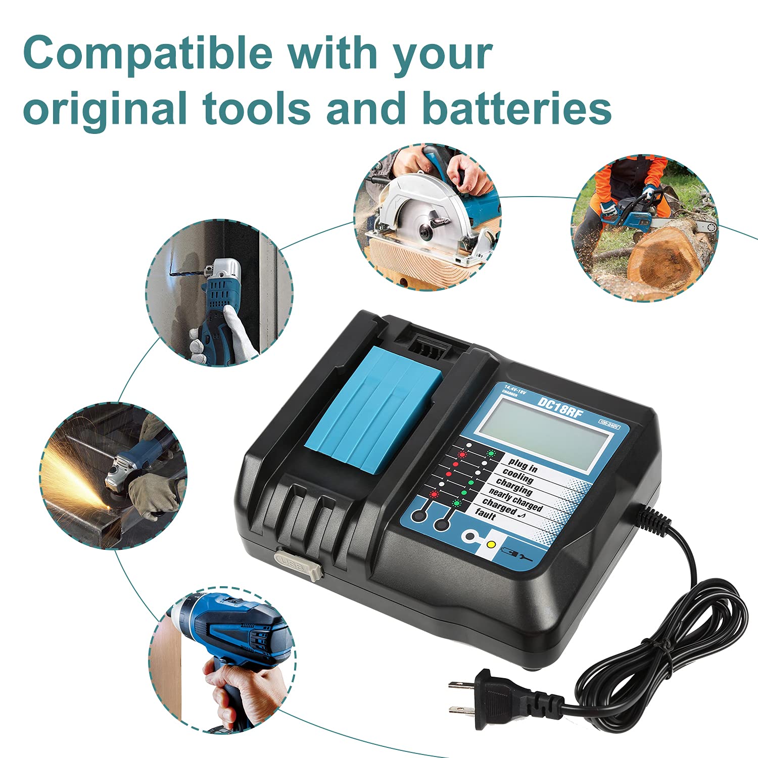 DC18RF Charger Compatible with Makita 14.4V/18V Lithium-ion Battery,3.5A with USB Interface Charging for BL1815 BL1820 BL1830 BL1840B BL1850 BL1860 BL1450 Replacement Charger for DC18RC