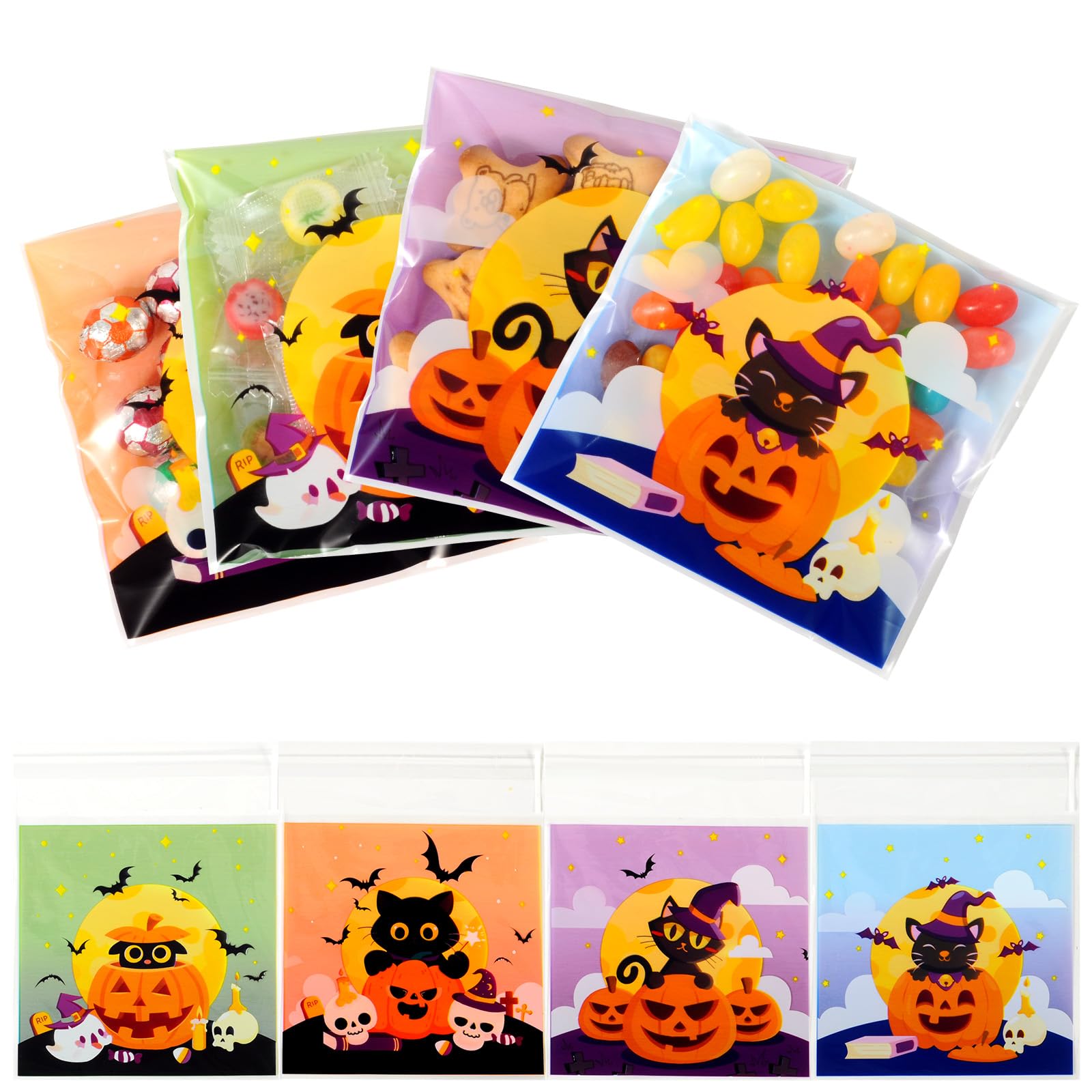 HiloPack 4"x4" Halloween Treat Bags - 50 Pcs Self Adhesive Cookie Bags Halloween Candy Bags Halloween Trick or Treat Goodie Bags for Halloween Party Favor Supplies Decorations (Clear)