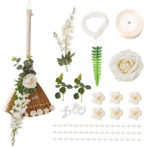 yiytree wedding broom diy kit bride bridegroom the jump broom ceremony with artificial roses/green leaves/ribbons/pearl (28.5 inch x 11.8 inch)