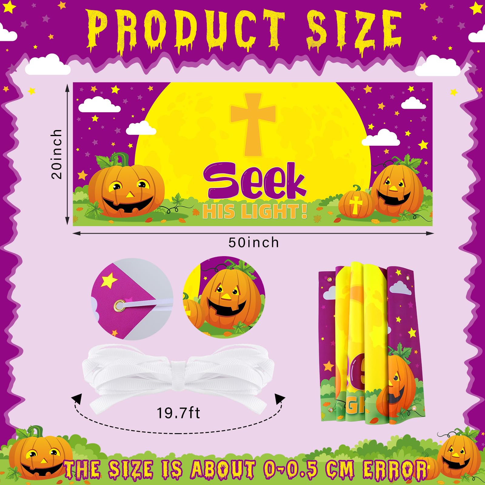 SmoothNovelty Halloween Christian Pumpkin Backdrop Banner Seek His Light Banner Religious Halloween Decoration Church Theme Party Banner for Halloween Fall Outdoor Sunday School Decor, 50 x 20 Inch