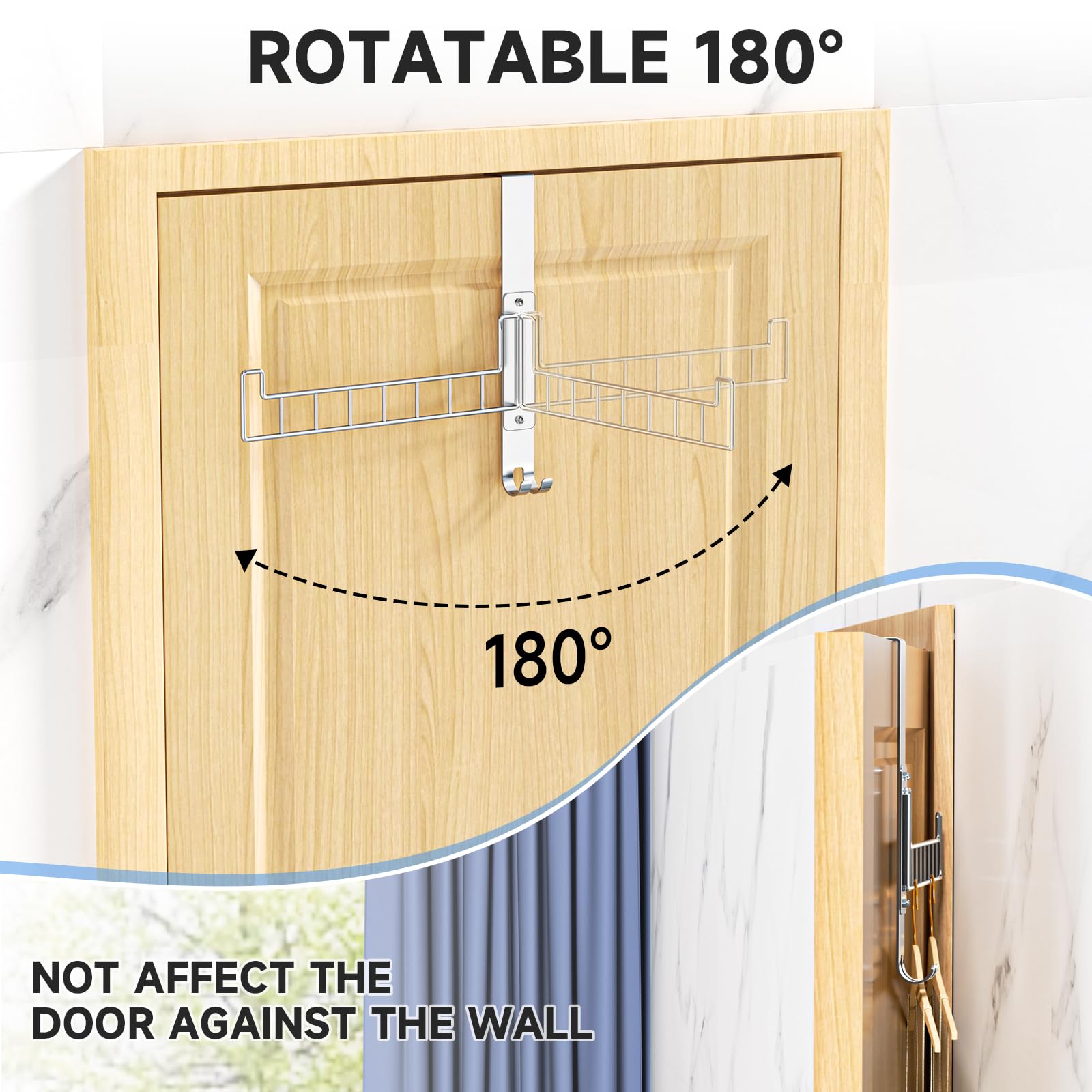 Over the Door Hooks Hanger, Wall Mounted Drying Rack Clothing, Rotatable 180° Stainless Steel Door Coat Hanger for Clothes, Coats&Towels, Over the Door Drying Rack for Laundry Rooms, Bedroom, Bathroom