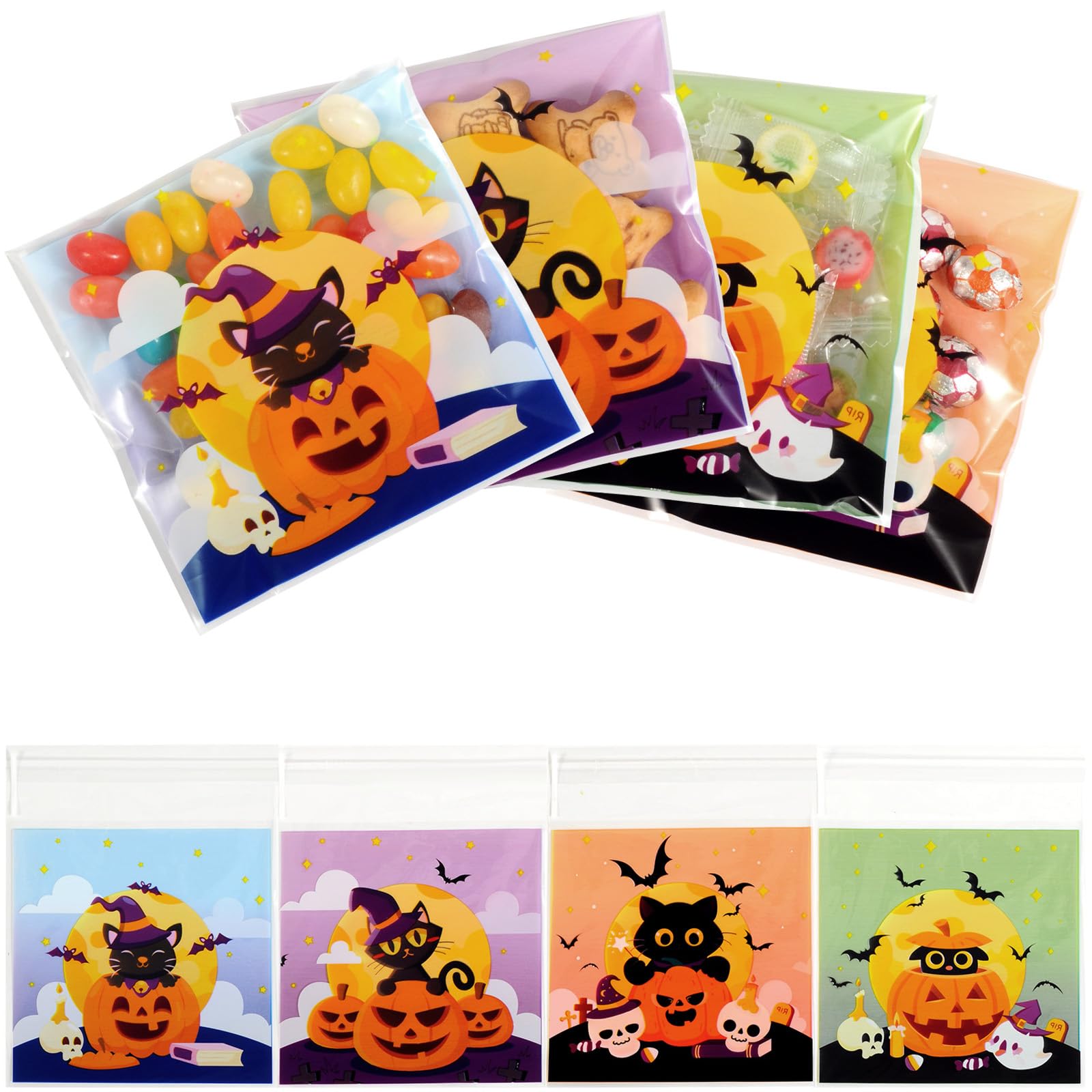 HiloPack 4"x4" Halloween Goodie Bags, 50Pcs Self Adhesive Cookie Bags Halloween Treat Bags Trick or Treat Cellophane Candy Bags for Halloween Party Favor Supplies (Party Bags)