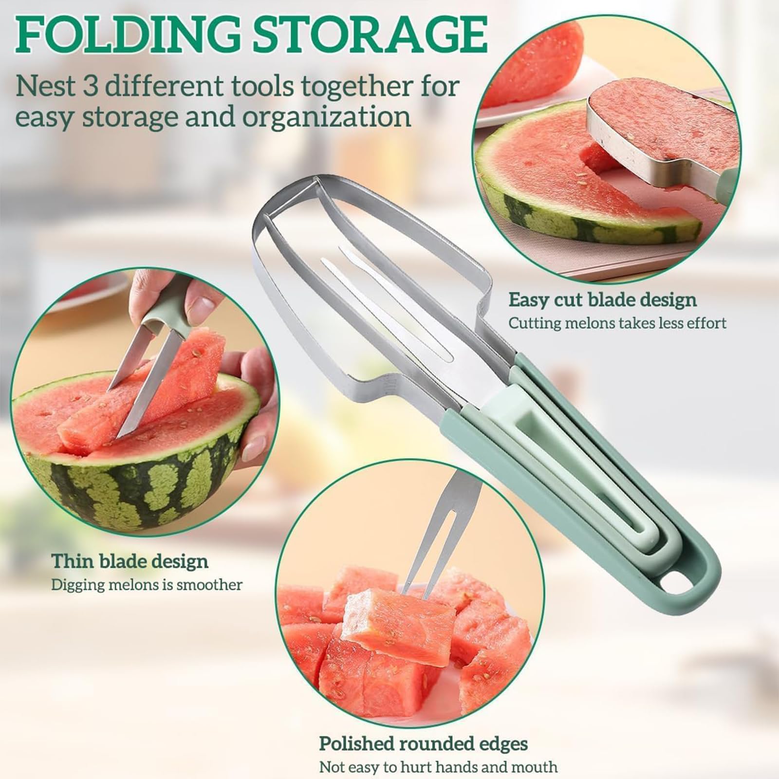 3-in-1 Watermelon Cutter Slicer Tool, Watermelon Stainless Steel Fork Slicer Set, Portability Multifunctional Handheld Fruit Fork for Home Camping Kitchen Gadgets