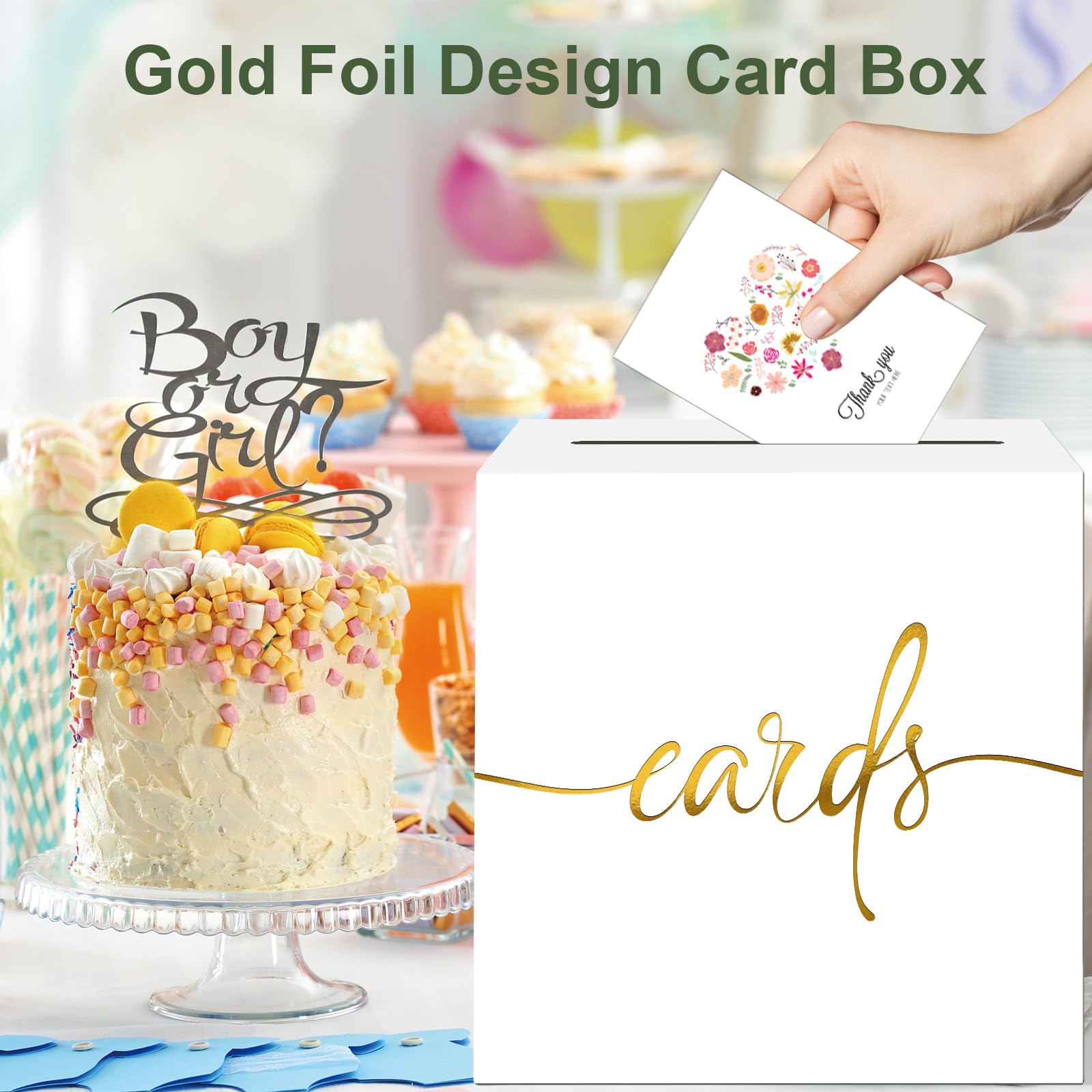 CINSOEN White Card Box with Gold Foil Design Wedding Card Box Gift Cards Receiving Box for Party Graduation Bridal or Baby Showers, Raffle Ticket Box Money Box for Birthday Retirements Anniversaries