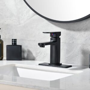 Derengge Bathroom Sink Faucet, Single Handle Bathroom Sink Faucet,1 Hole or 3 Hole Lavatory Vanity Faucet with Deck Plate,Pop up Drain and Water Supply Lines,Matte Black,GFL-0048-MT