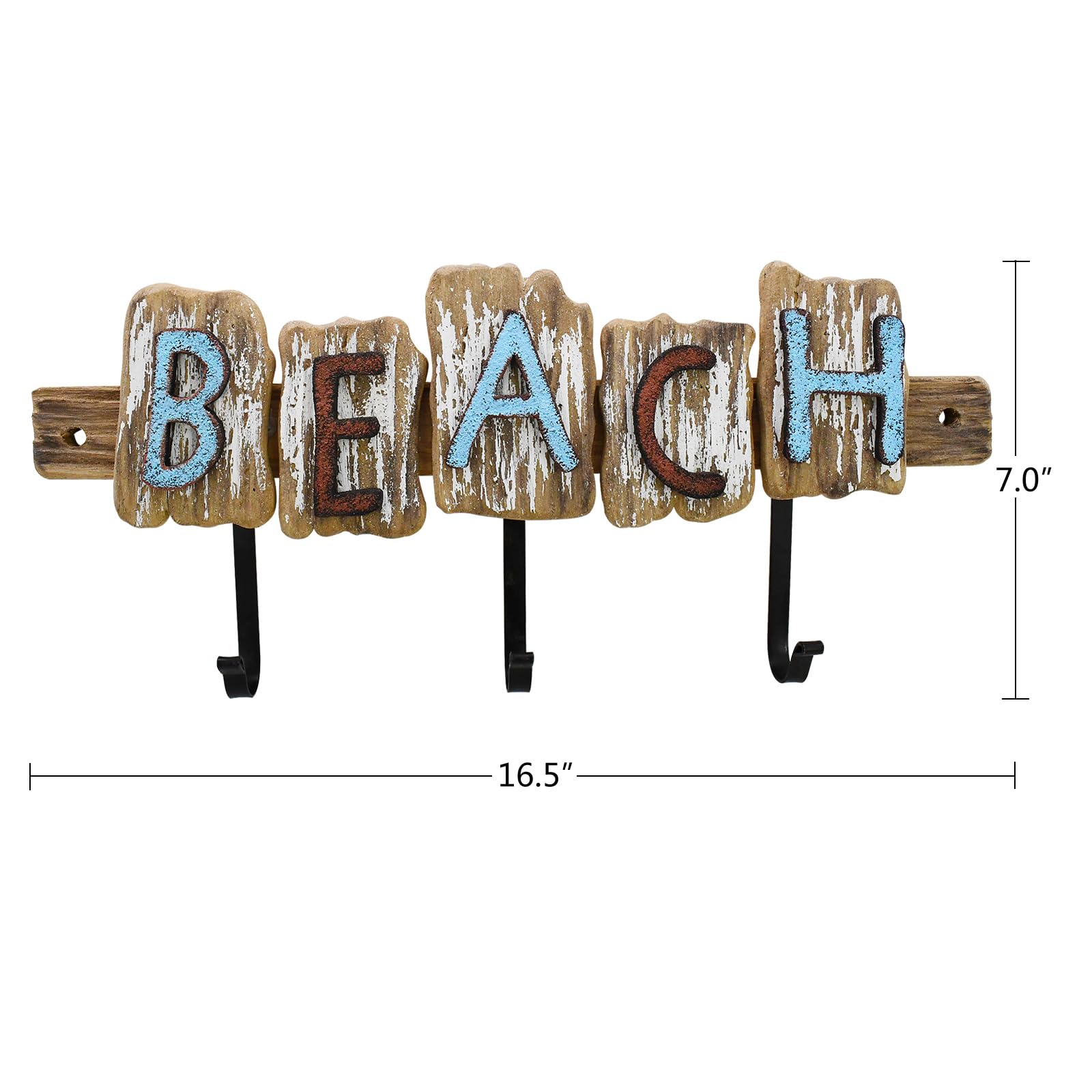 Aecipl Wooden Wall Hooks Nautical Decor Hanging Letters Sign Beach Themed Coat Towel Hook for Bathroom Bedroom Pool Wall Mounted Decorative Key Holder (Beach)