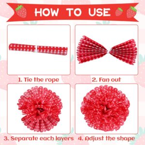 24PCS Strawberry Party Decorations Set Strawberry Honeycomb Balls Fans Lantern Tissue Pom Poms Garland Hanging Swirl Red Pink Banner Girl Baby Shower Bridal Berry First Birthday Decor Supplies