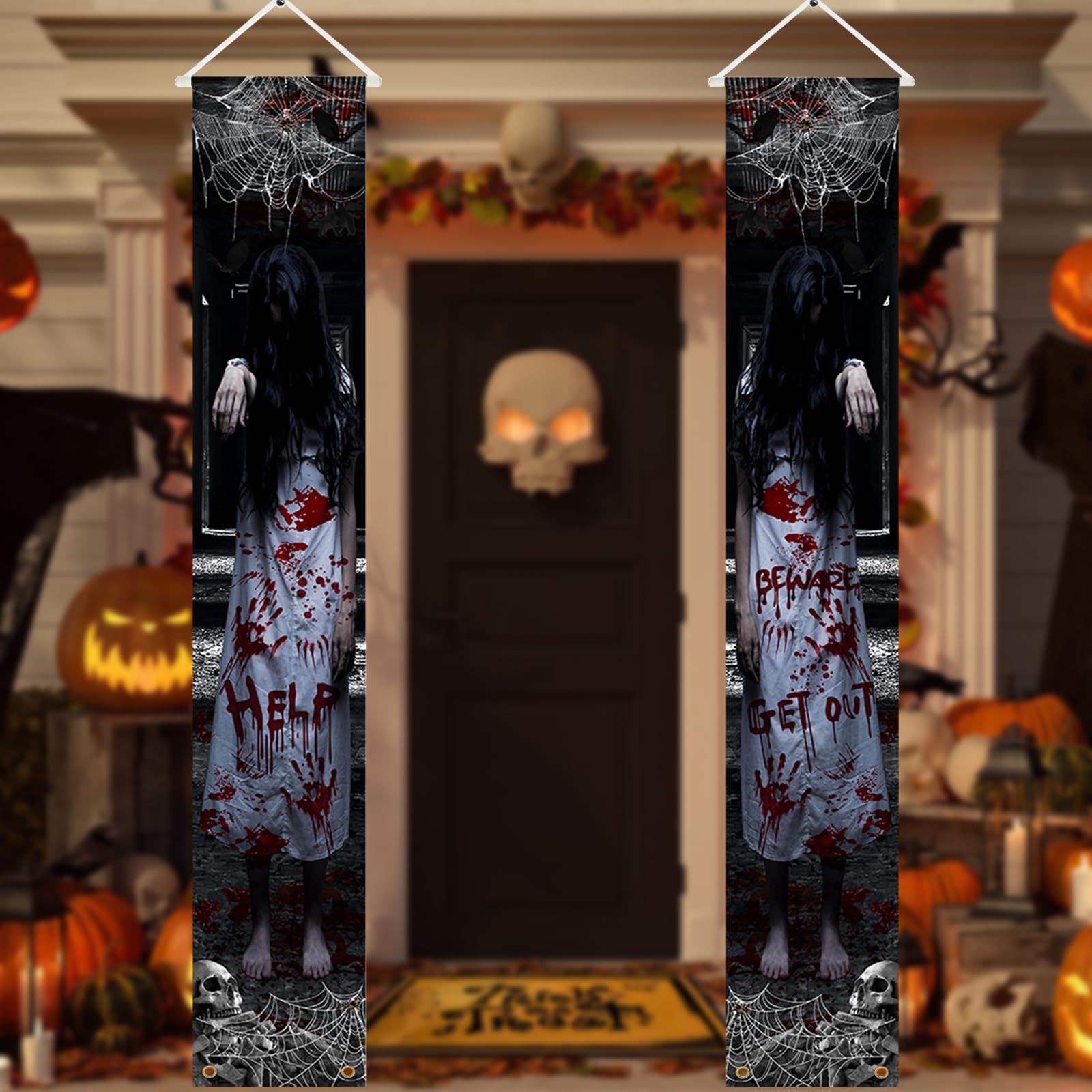 Avezano Halloween Door Decorations Scary Ghost Halloween Porch Signs for Outside Decor Haunted House Hanging Banner Halloween Party Supplies