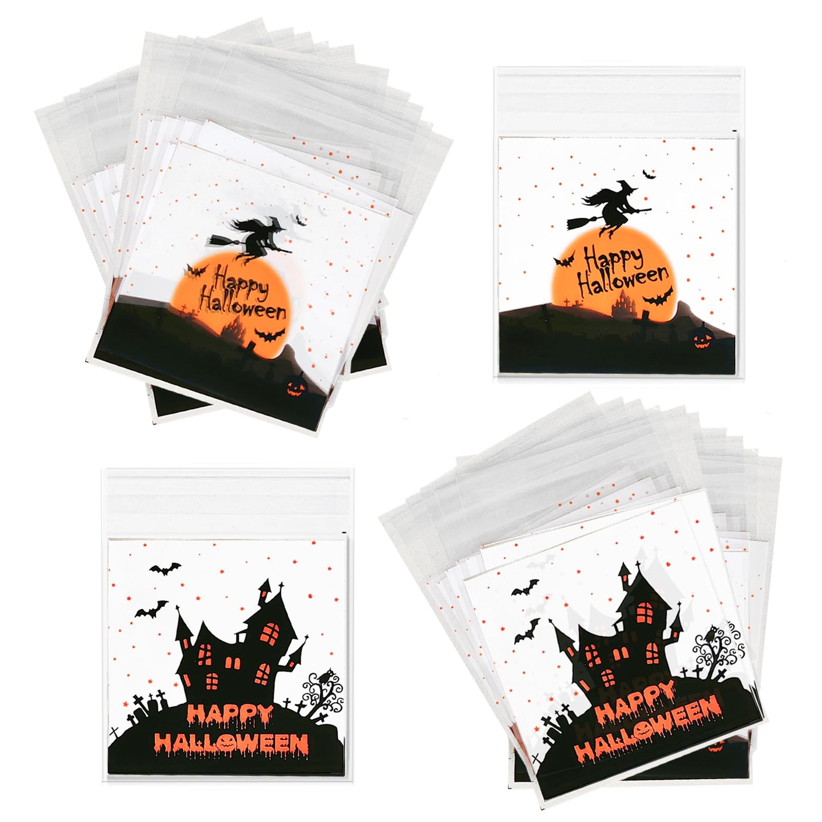 AXYEEUR 100 Pcs Halloween Candy Bags,Halloween Self Adhesive Cookie bags,2 Styles Halloween Clear Cellophane Treat bags for Party Favors Supplies