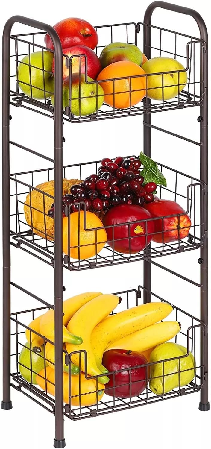 Generic VcJta 3 Tier Kitchen Storage Basket Shelves Metal Stand Heavy Duty Organizer - Spacious Storage Solution for Your Home, Brown, E315279457474