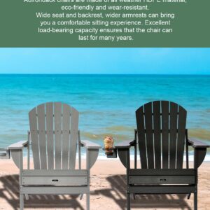 Withniture Folding Adirondack Chairs Set of 2, HDPE Adirondack Chair Wood Texture Plastic Adirondack Chairs with Cup Holder, Weather Resistant Fire Pit Chairs for Backyard Deck