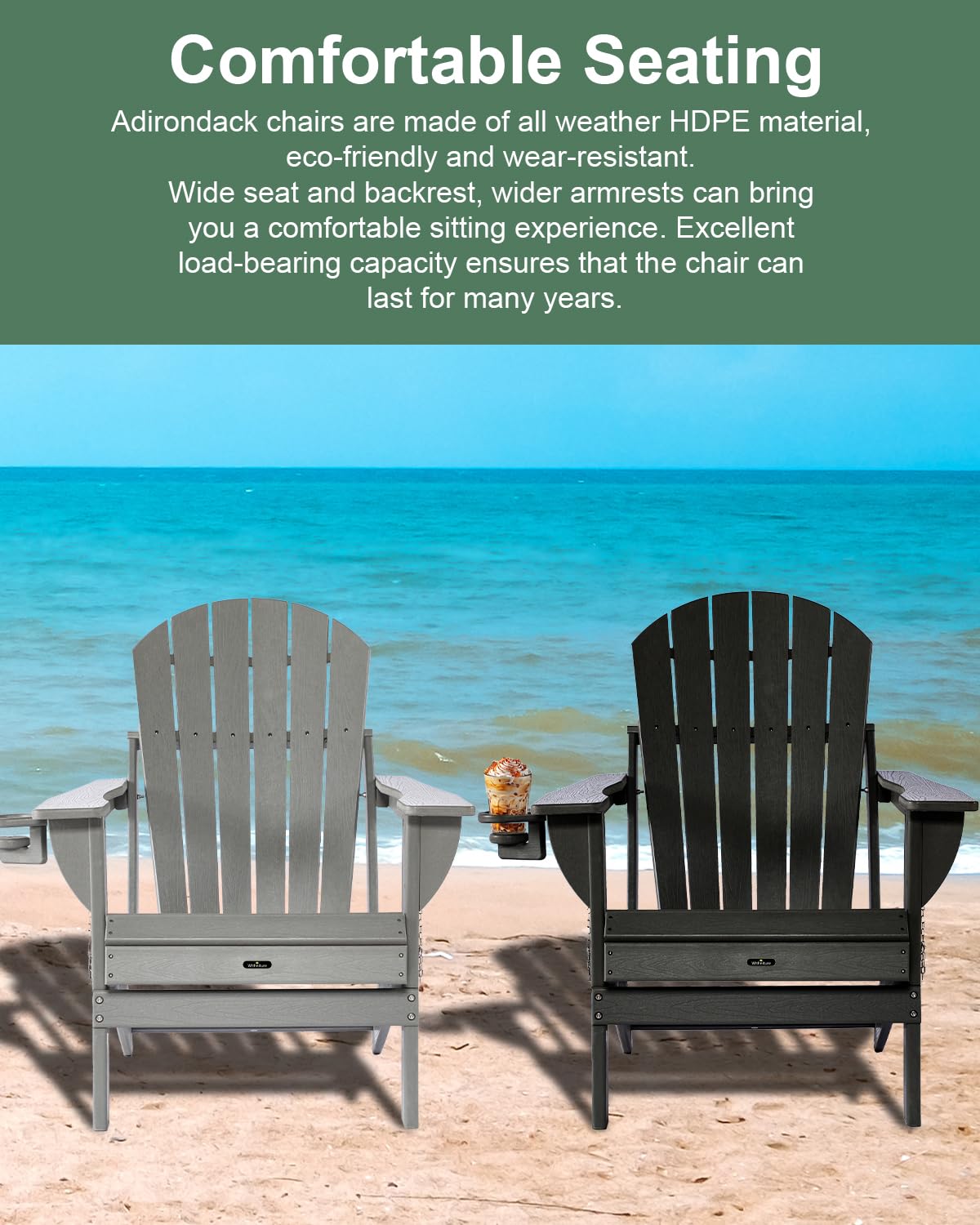 Withniture Folding Adirondack Chairs Set of 2, HDPE Adirondack Chair Wood Texture Plastic Adirondack Chairs with Cup Holder, Weather Resistant Fire Pit Chairs for Backyard Deck