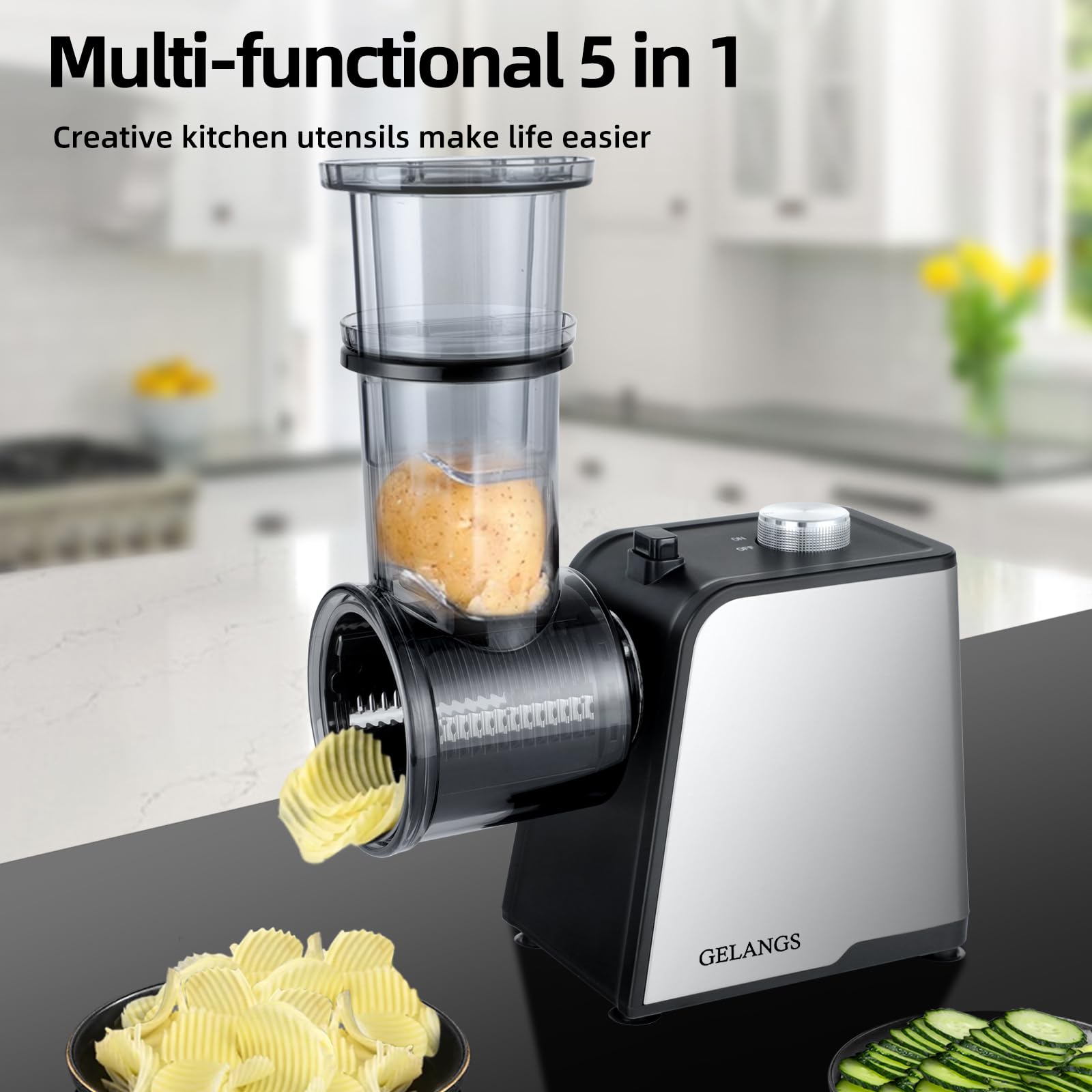 5 In 1 Electric vegetable slicer，300W Electric Cheese Grater Salad Shooter, One-Touch Easy Control, Electric Grater for Vegetables, Cheeses and NutsFor Home Kitchen