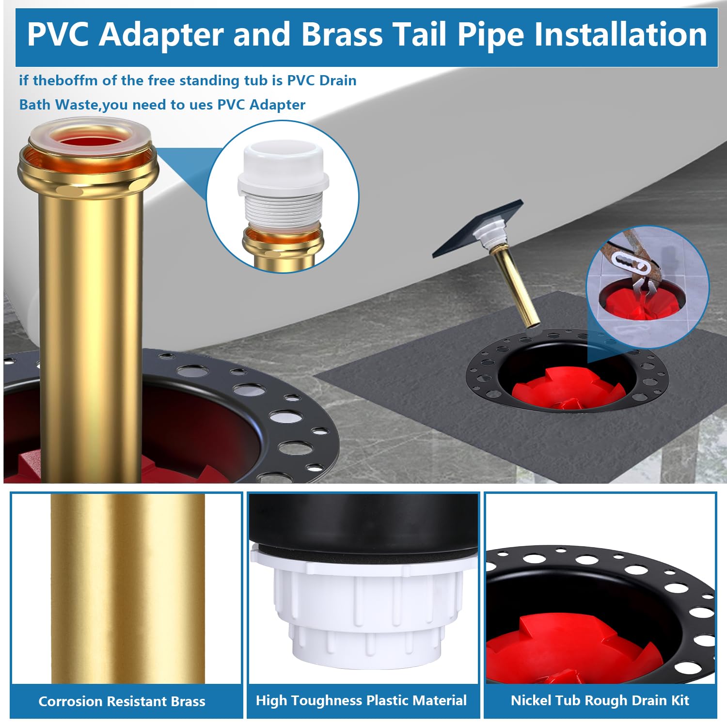 Freestanding Tub Drain Rough-in kit,Bathtub Drain Kit with Brass Tailpiece and PVC Adapter,Compatible with Freestanding Bathtub, Floor Mounted Bathtub and Copper Bathtub (PVC, White)