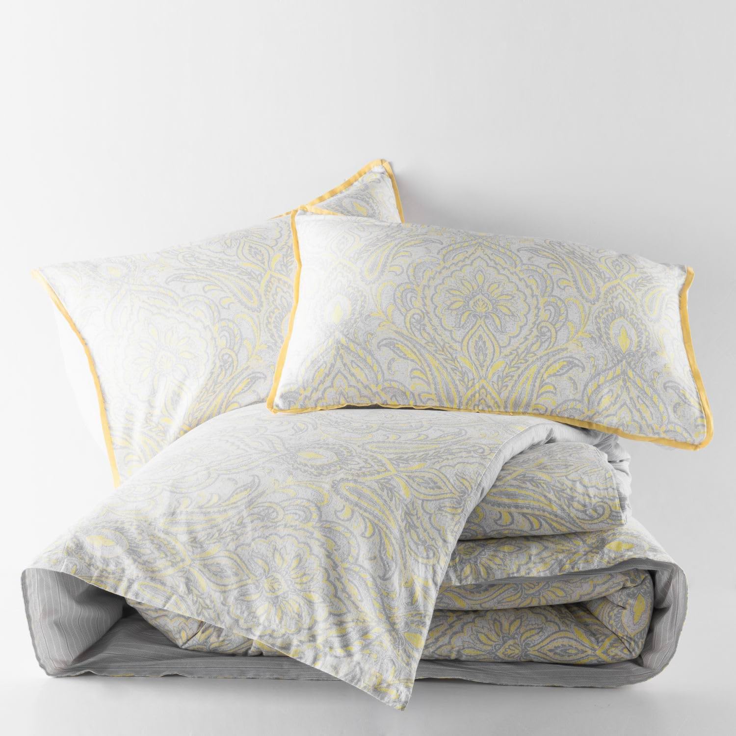 Cotton Sateen Printed Duvet Cover Set Queen 90" x 92" with 2 Pillow Shams 20" x 26" Double Sided, Yellow/Grey