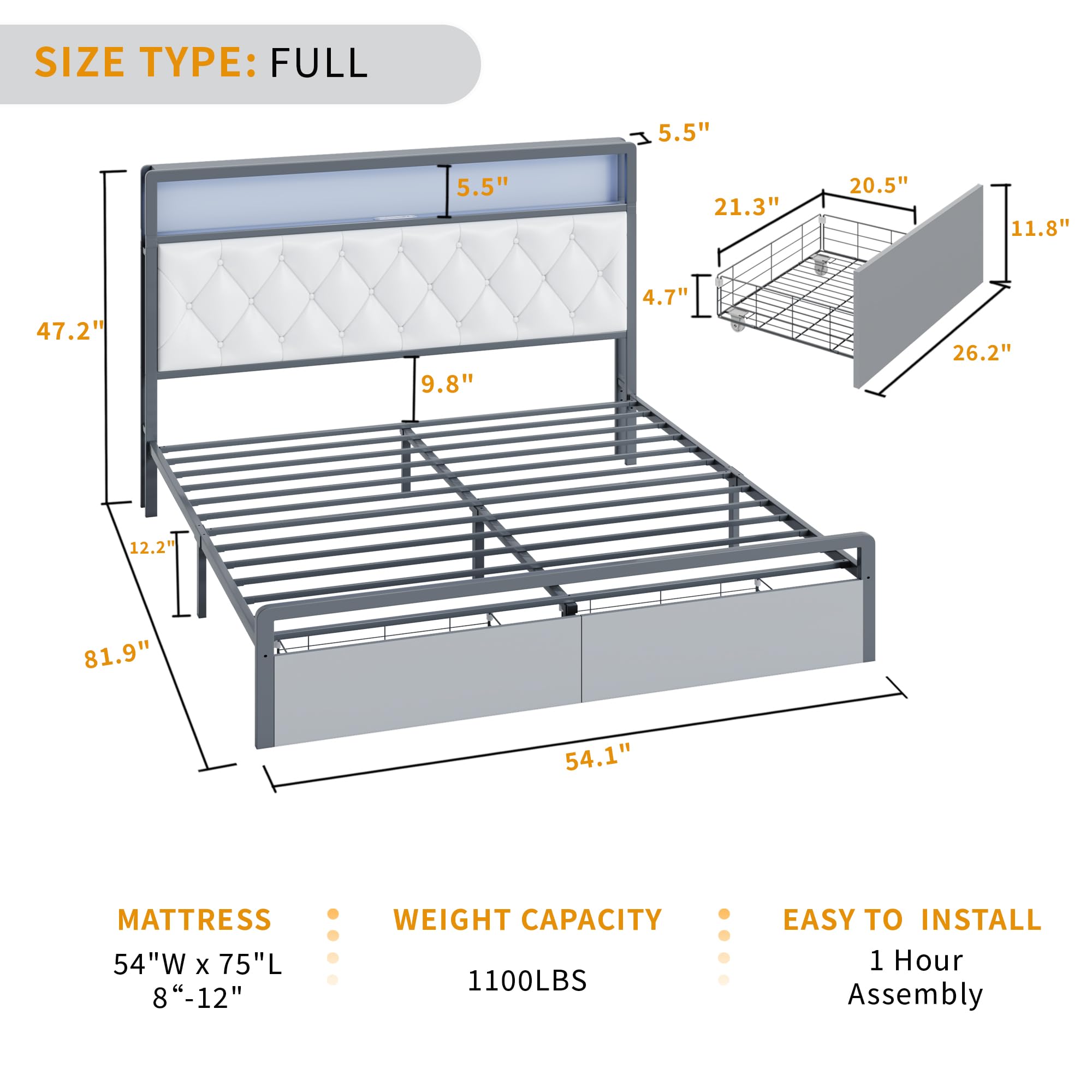 QPLZF Full Size Bed Frame with 2 Storage Drawers, Upholstered Full Bed Frame with LED Lights Headboard and Charging Station, No Box Spring Needed, Easy Assembly- Dark Grey