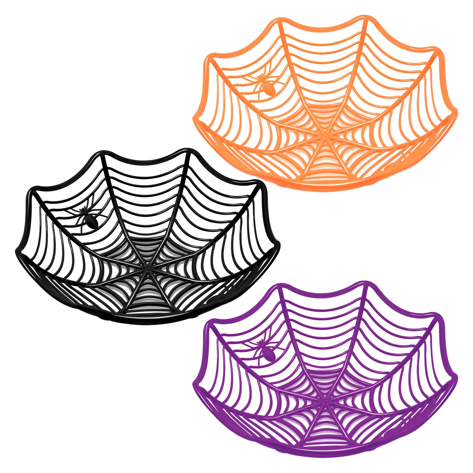 3 Pack Halloween Spider Web Candy Bowls, 11 Inch Plastic Cobweb Design Serving Bowls in Orange, Black, and Purple for Halloween Party Decor, Trick-or-Treating, Food Candy Trays, and Table Centerpieces