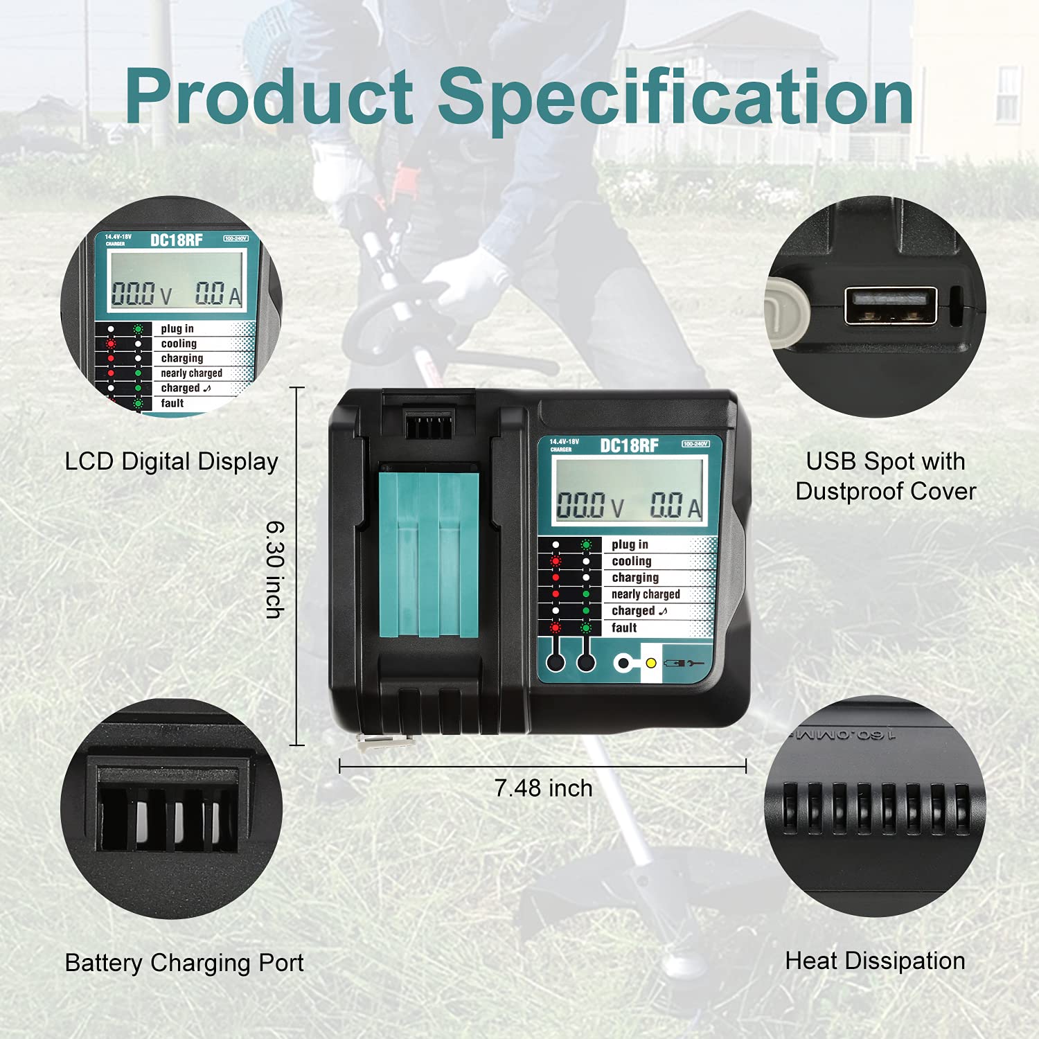 DC18RF Charger Compatible with Makita 14.4V/18V Lithium-ion Battery,3.5A with USB Interface Charging for BL1815 BL1820 BL1830 BL1840B BL1850 BL1860 BL1450 Replacement Charger for DC18RC