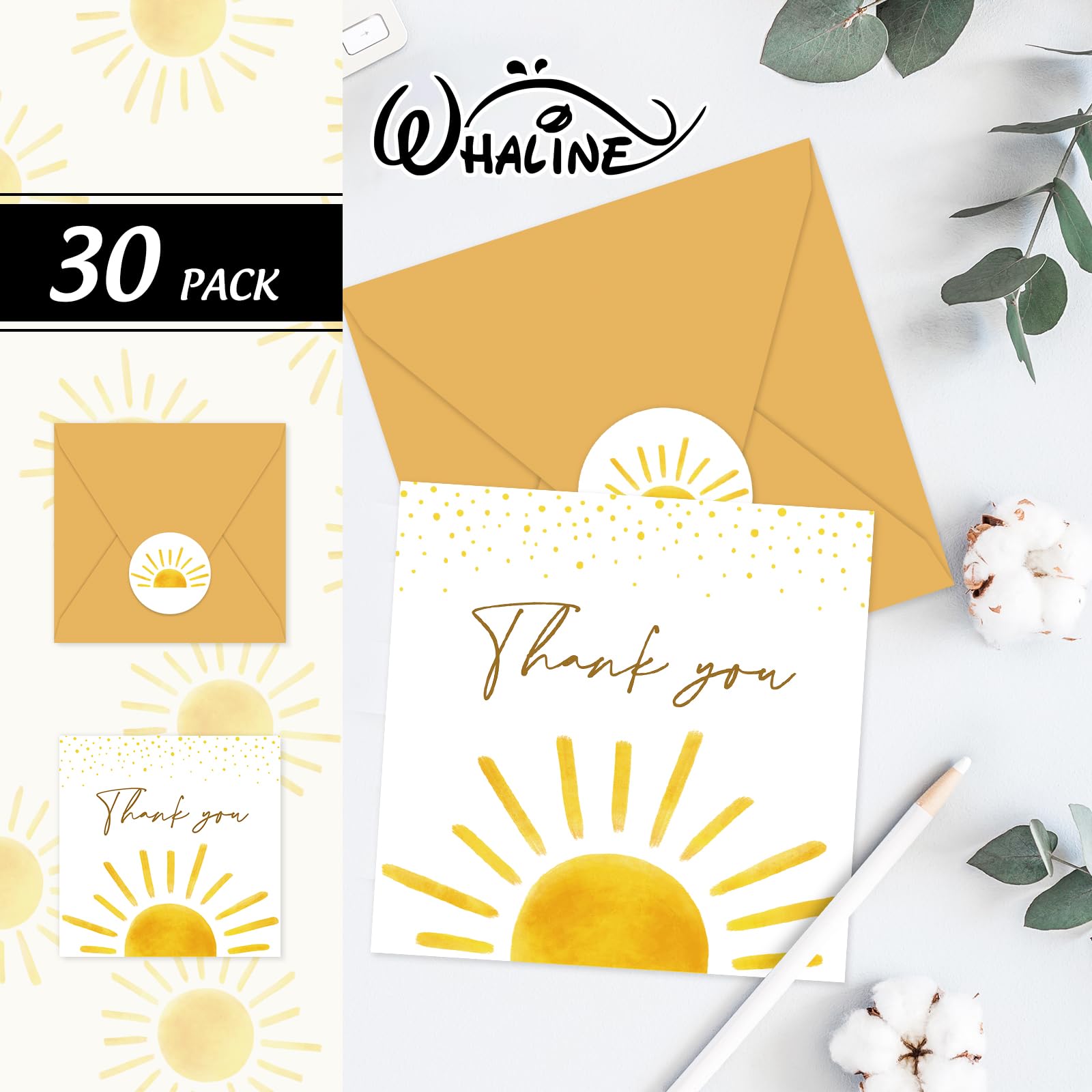 Whaline 30 Pack Mini Baby Shower Thank You Cards with Envelopes Stickers Boho Sun Greeting Cards Sunshine Blank Note Cards for Baby Shower Birthday Wedding Party Supplies, 3.5 x 3.5 Inch