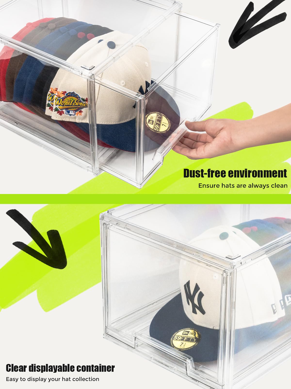 SCAVATA 2 Pack Hat Organizers, Stackable Clear Baseball Caps Holder Box Containers With Drawers for Hats Snapback Cap Storage, Hat Rack Display Case -Clear