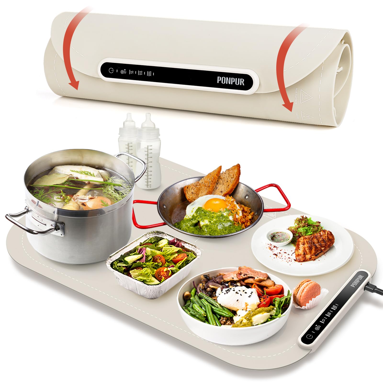 Electric Warming Mat for Food, 3 Adjustable Temperature - PONPUR Silicone Food Warmer Tray for Parties, Full Surface Heating, Auto Power Off, Foldable Hot Plate for Gatherings, Buffet, Family Meals