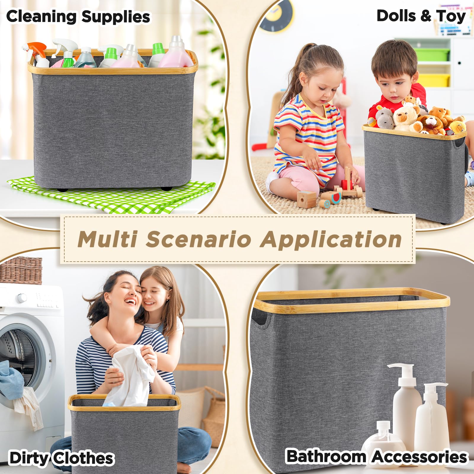 BEAUTIFABLE Toilet Paper Storage, Toilet Paper Organizer with Lid Toilet Paper Bin with Footbase for Bathroom, Bamboo, Collapsible Toilet Paper Container Holder for up to 9 Mega Rolls (Gray)