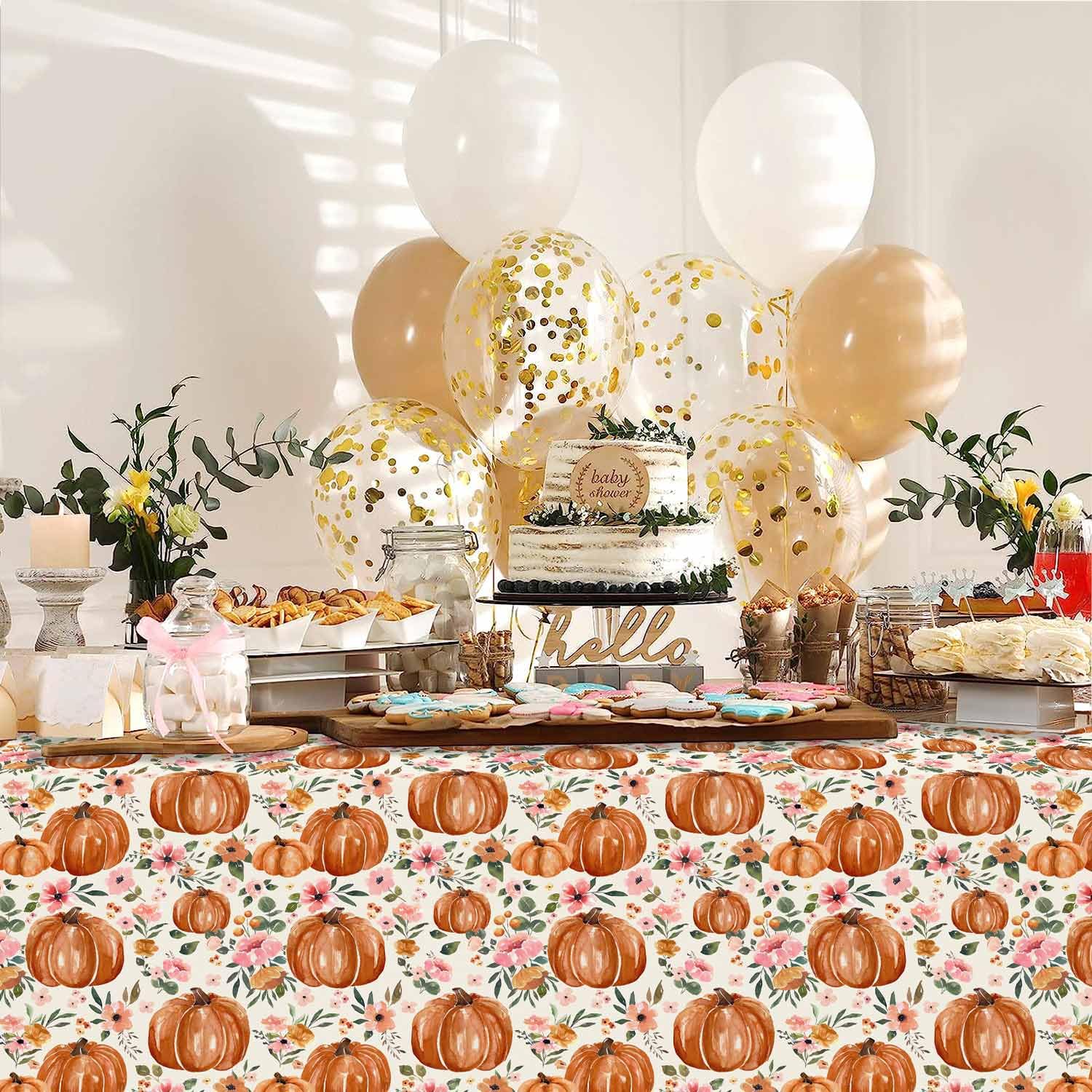 3 Pack Pumpkin Tablecloths Baby Shower Table Cover, Fall Thanksgiving Autumn Harvest Pumkpin Baby Shower Decorations, 108" x 54" Floral Little Pumpkin Birthday Party Supplies for Boys Girls