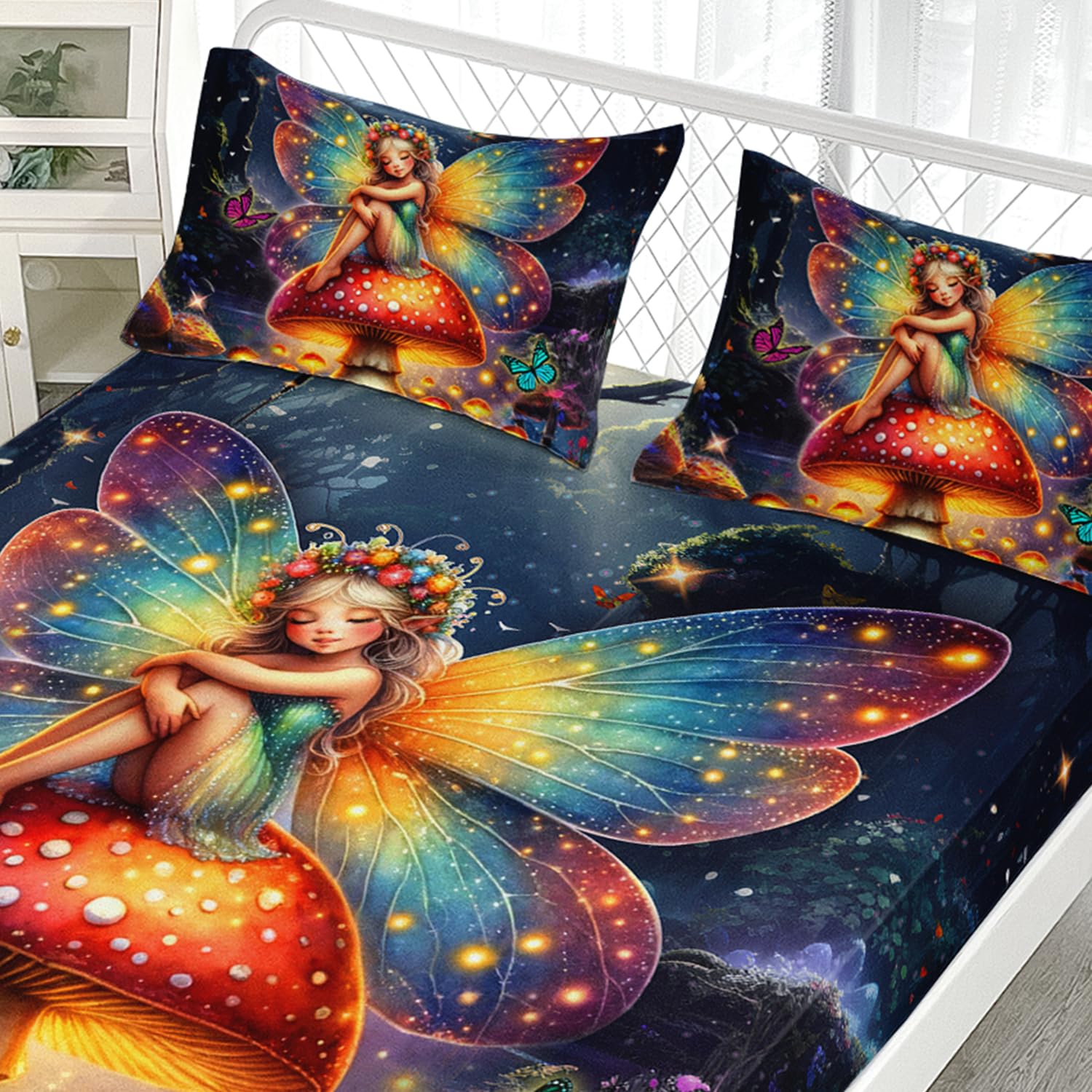 AILONEN Beautiful Fairy Fitted Sheet Set Twin Size, Butterfly Mushroom Fairy Bedding Set for Kids,Girls,Forest Spirit Bed Sheet Set,3-Pieces, 1 Fitted Sheet and 2 Pillowcases,All Season,Soft