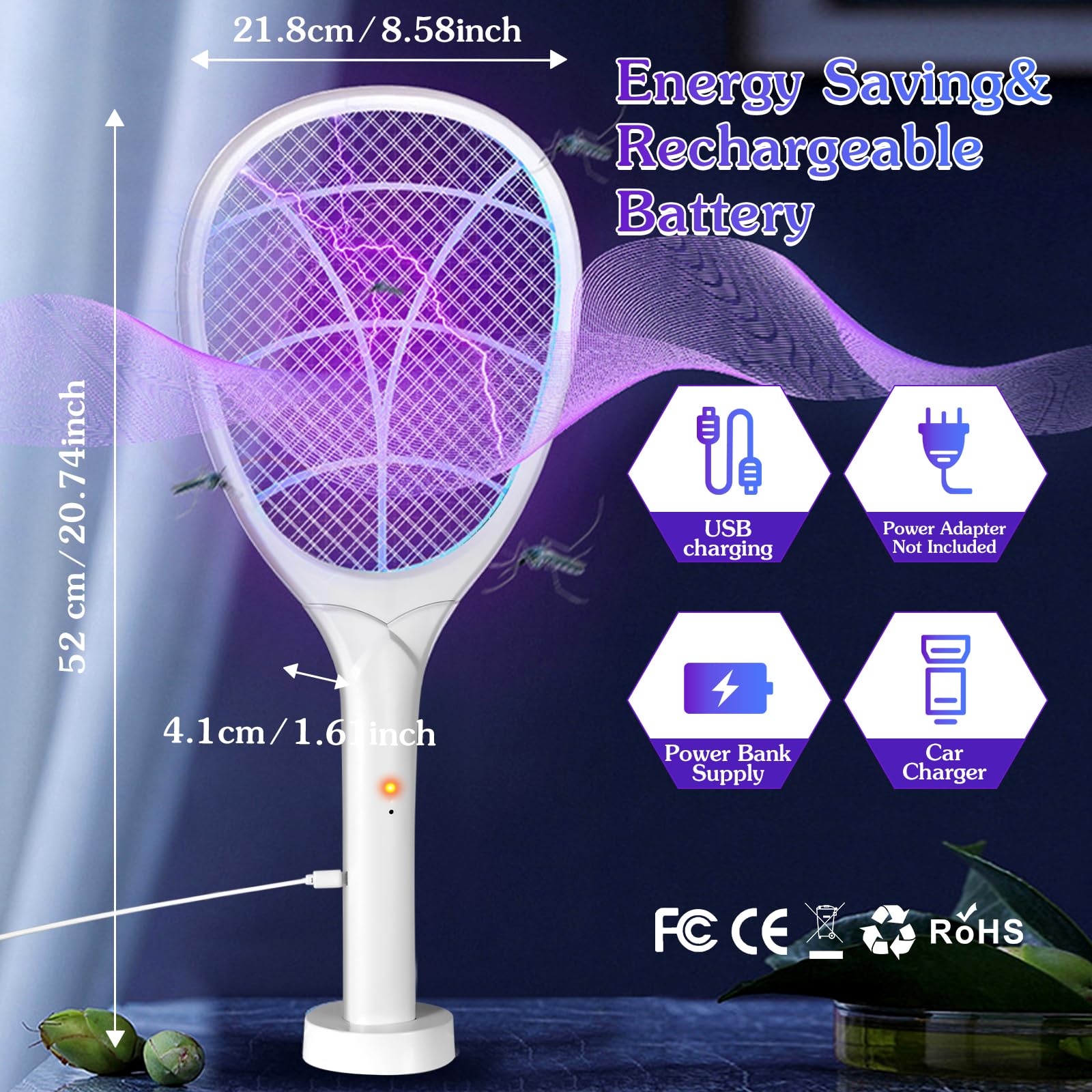 Qualirey 2 Pcs Electric Fly Swatter Racket 3000v 2 in 1 Bug Zapper Racket USB Rechargeable Base, Powerful Mosquitoes Trap Lamp Fly Killer with 3 Layer Safety Mesh for Indoor Outdoor Home Office Patio