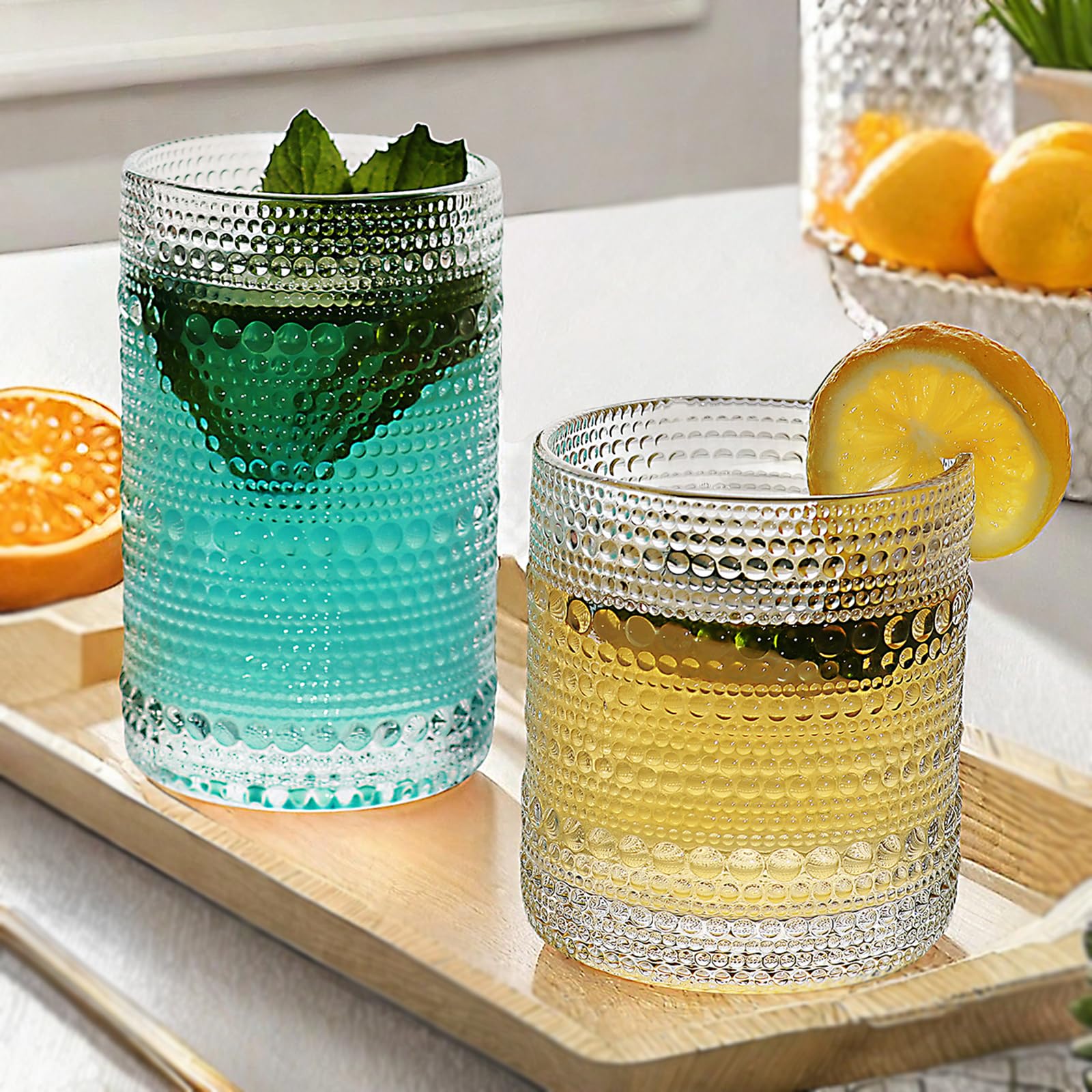 Lumkit Vintage Hobnail Driinking Glasses Set, Glassware Drinking Set of 8, 12 oz Highball Glasses & 10 oz Cocktail Glasses, Tumbler Glasses for Cocktails, Whiskey, Juice, Milk