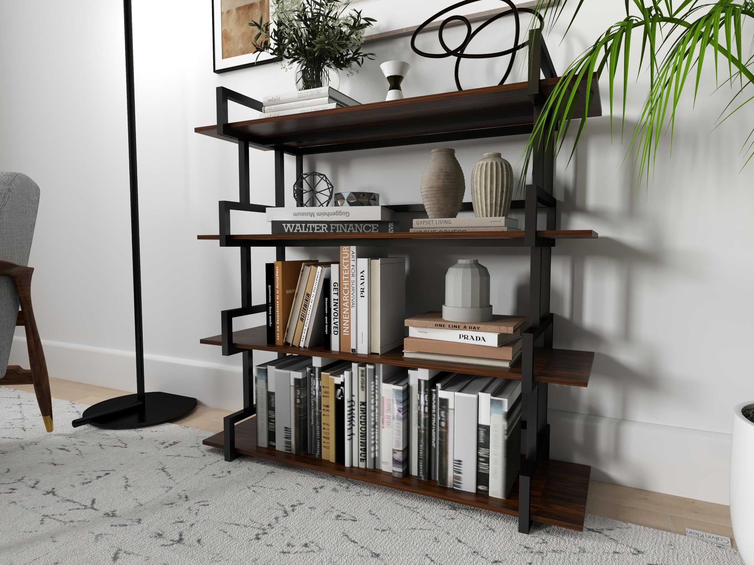 JOIN IRON 4-Tier Modern Industrial Ladder Bookshelf, Rustic Wood and Metal Shelving Unit with Ample Storage, Sturdy Display Rack for Home, Office, and Living Room Decor