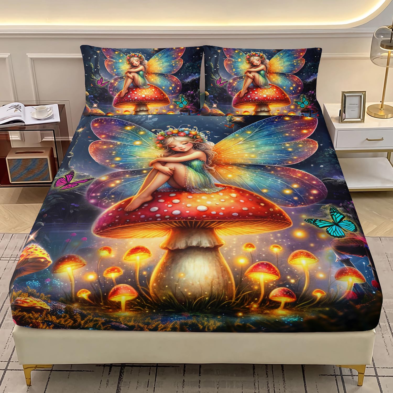 AILONEN Beautiful Fairy Fitted Sheet Set Twin Size, Butterfly Mushroom Fairy Bedding Set for Kids,Girls,Forest Spirit Bed Sheet Set,3-Pieces, 1 Fitted Sheet and 2 Pillowcases,All Season,Soft