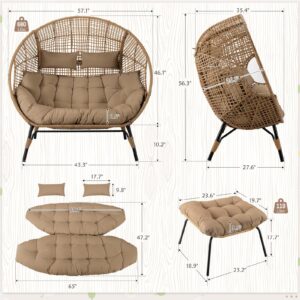 BULEXYARD Double PE Wicker Stationary Egg Chair with Legs Patio 2 Person Loveseat Chair Indoor Outdoor Oversized PE Rattan Lounge Chair for Garden Balcony (Brown/Brown, Double Egg Chair with Ottoman)