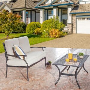 ARTLOFT Patio Loveseat with Coffee Table Outdoor Conversation Loveseat Porch Furniture Set Sofa for Balcony, Backyard, and Deck with Soft Cushions and Metal Table (White)