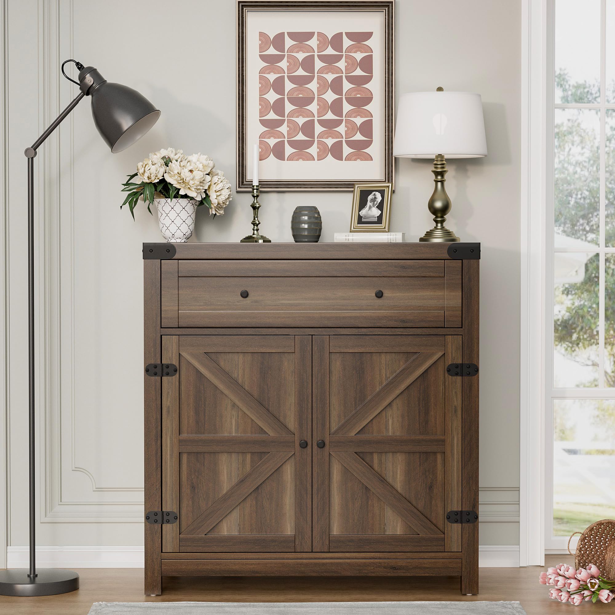 Flamaker Sideboard Buffet Cabinet with Storage, Farmhouse Coffee Bar Cabinet with 1 Drawer and 2 Barn Doors, Barn Door Console Table, Storage Cabinet for Kitchen, Dining Room, Entryway (Brown)