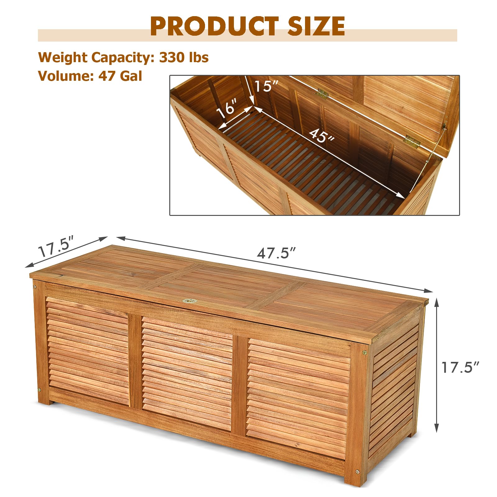 RELAX4LIFE Deck Box Acacia Wood - 47 Gallon Backyard Storage Bin Container for Patio Furniture Cushions, Pillows, Garden Tools, Pool Accessories, Wooden Porch Bench, Indoor Outdoor Storage Box