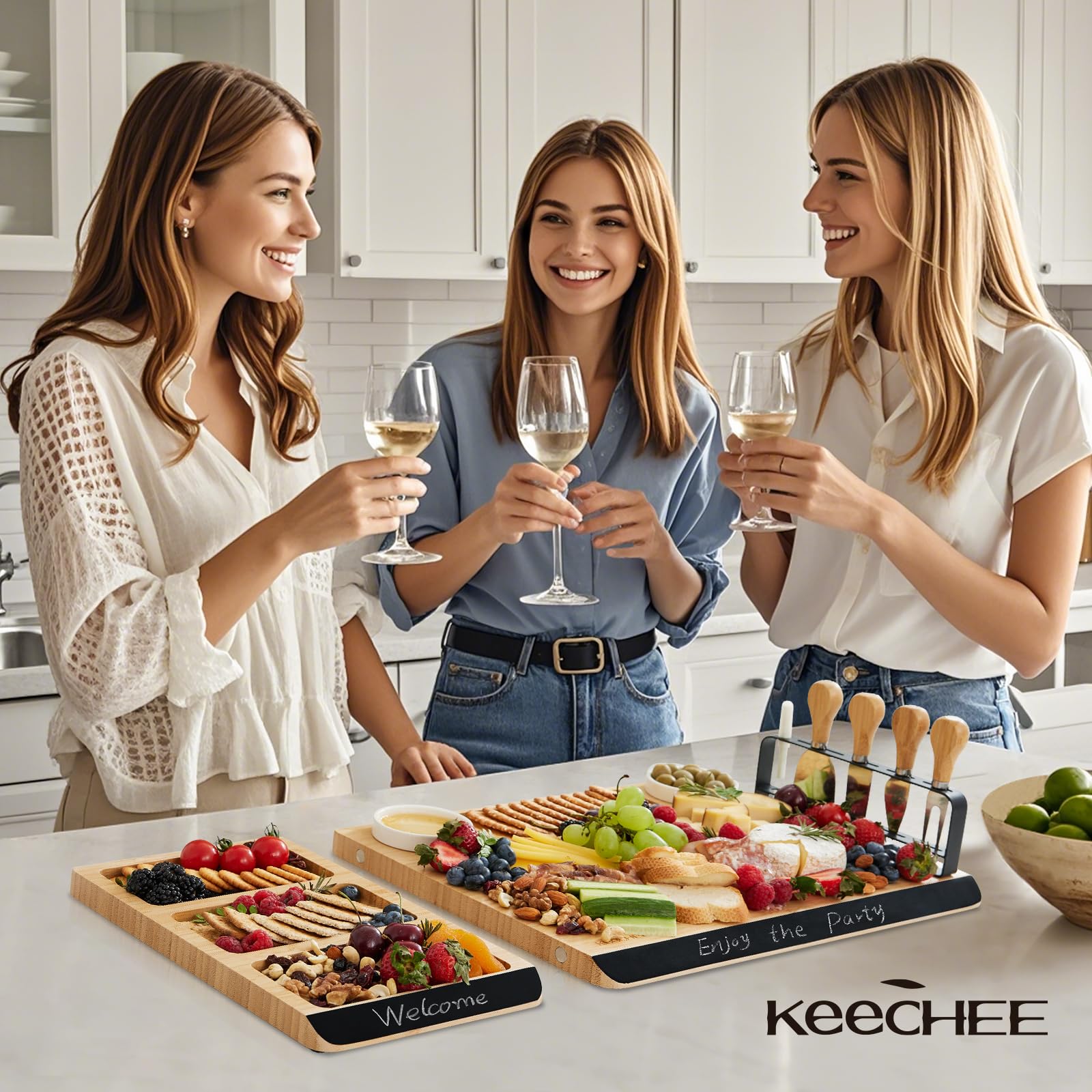 keechee Charcuterie Boards Gift Set: Large Bamboo Cheese Board Set with Chalkboard Edge & Forks Set - Ideal for Housewarming, Weddings, Bridal Showers, and Unique Gifts for Mom