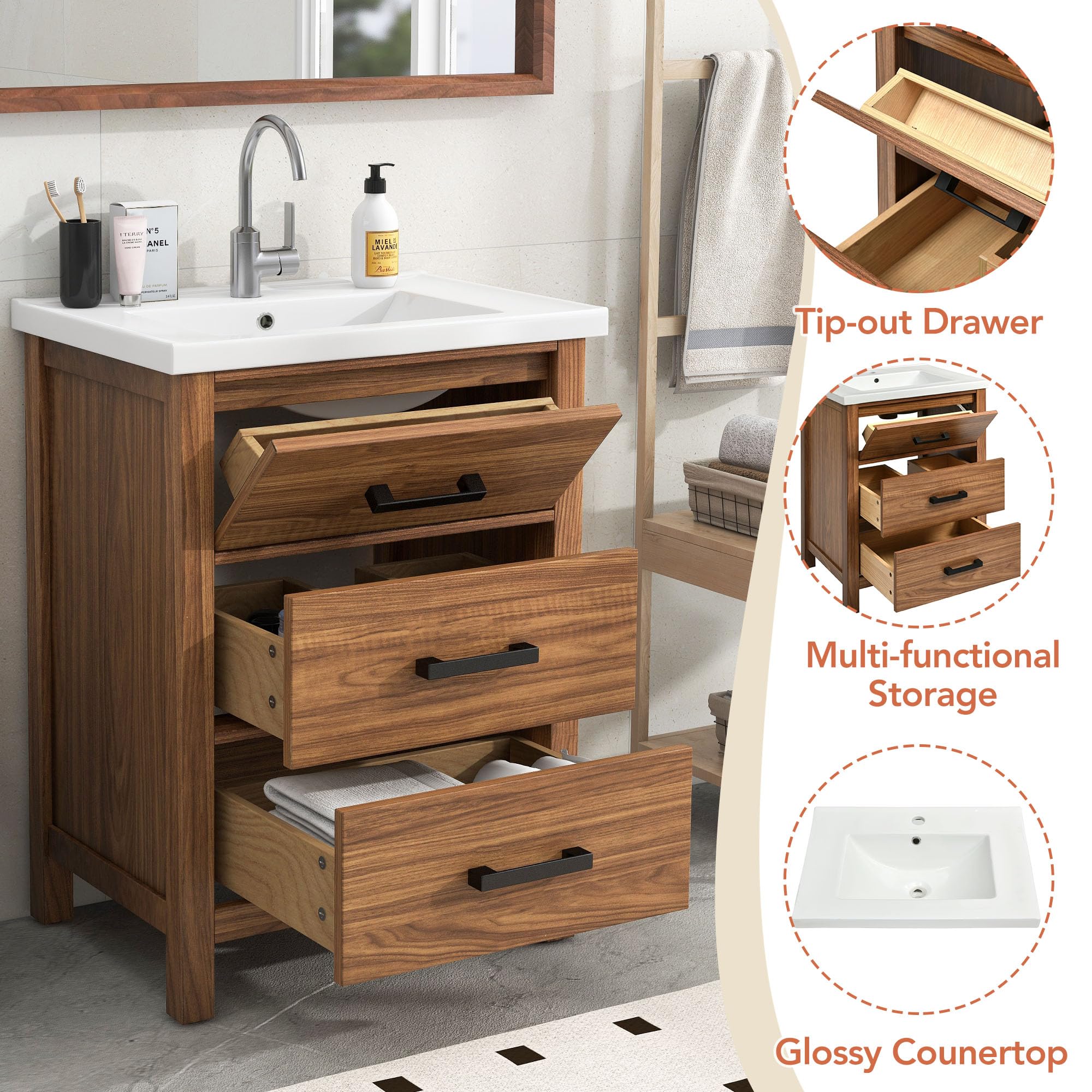 LNRLZYLS 24'' Bathroom Vanity with Ceramic Basin Sink, Modern Freestanding Bathroom Storage Cabinet with 3 Drawers