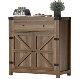 Flamaker Sideboard Buffet Cabinet with Storage, Farmhouse Coffee Bar Cabinet with 1 Drawer and 2 Barn Doors, Barn Door Console Table, Storage Cabinet for Kitchen, Dining Room, Entryway (Brown)