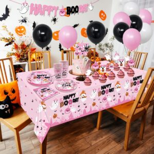 Halloween Pink Birthday Decoration Tableware, Happy Boo Day Halloween Dinnerware with Cute Ghost Plates and Napkins for Halloween Baby Shower Party Supplies,Serve 20