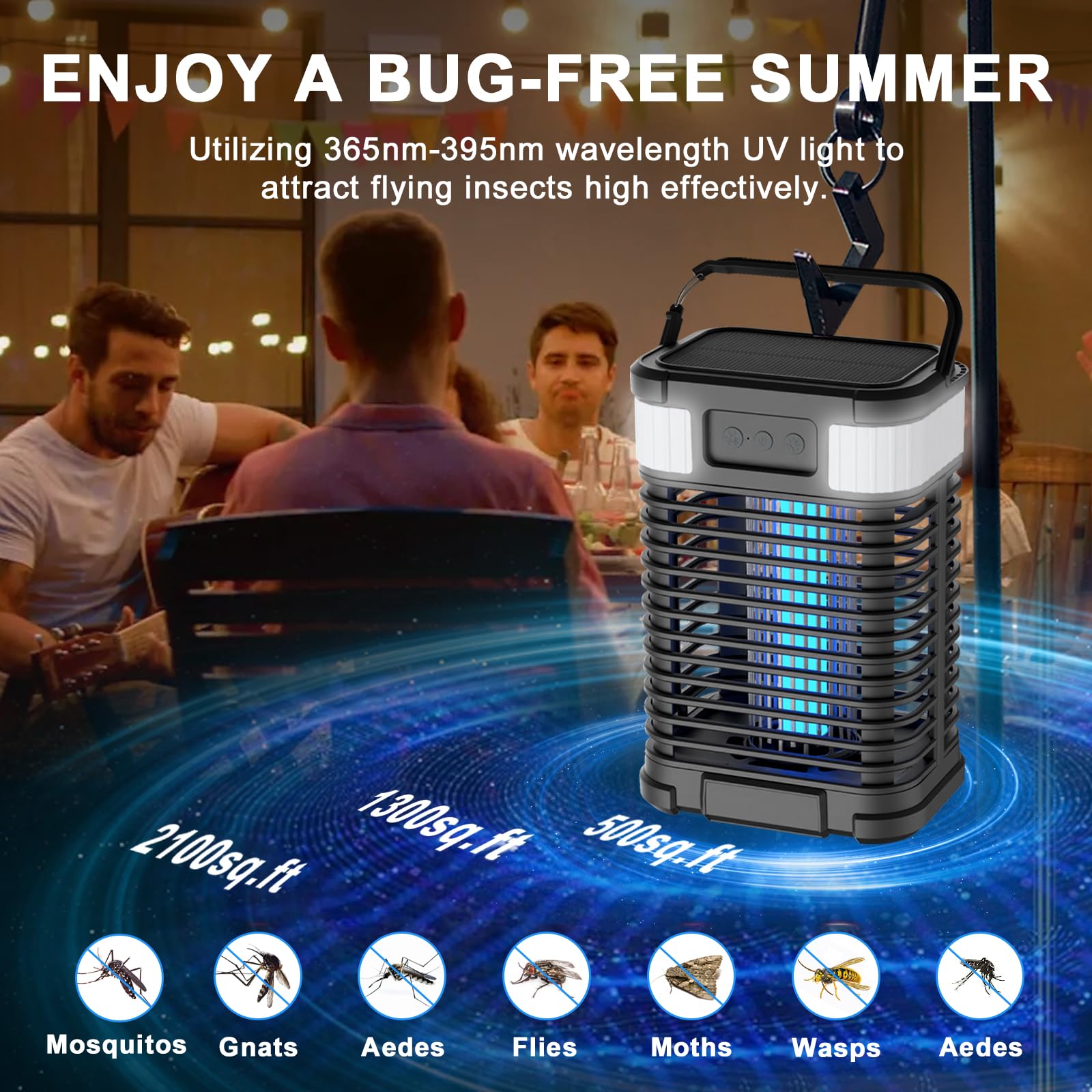 Solar Bug Zapper Outdoor Waterproof, Mosquito Zapper 2 in 1 Portable & Rechargeable Pest Control with 4000mAh Battery & LED Night Light, 4200V Electric Fly Zapper for Home, Patio, Backyard (Black)