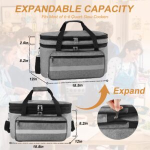 Kahami 2 Layer Slow Cooker Carrying Bag, Compatible with 6-8 Quarts Oval Crock-pot, Insulated Slow Cooker Travel Carrier with Lid Fasten Straps, Slow Cooker Bags for Family Gathering Travel, Gray