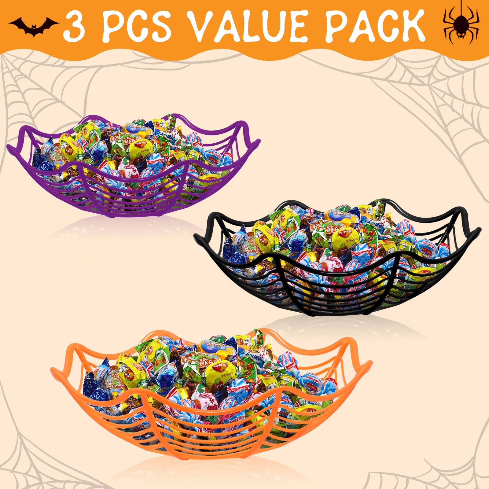 3 Pack Halloween Spider Web Candy Bowls, 11 Inch Plastic Cobweb Design Serving Bowls in Orange, Black, and Purple for Halloween Party Decor, Trick-or-Treating, Food Candy Trays, and Table Centerpieces