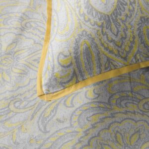 Cotton Sateen Printed Duvet Cover Set Queen 90" x 92" with 2 Pillow Shams 20" x 26" Double Sided, Yellow/Grey