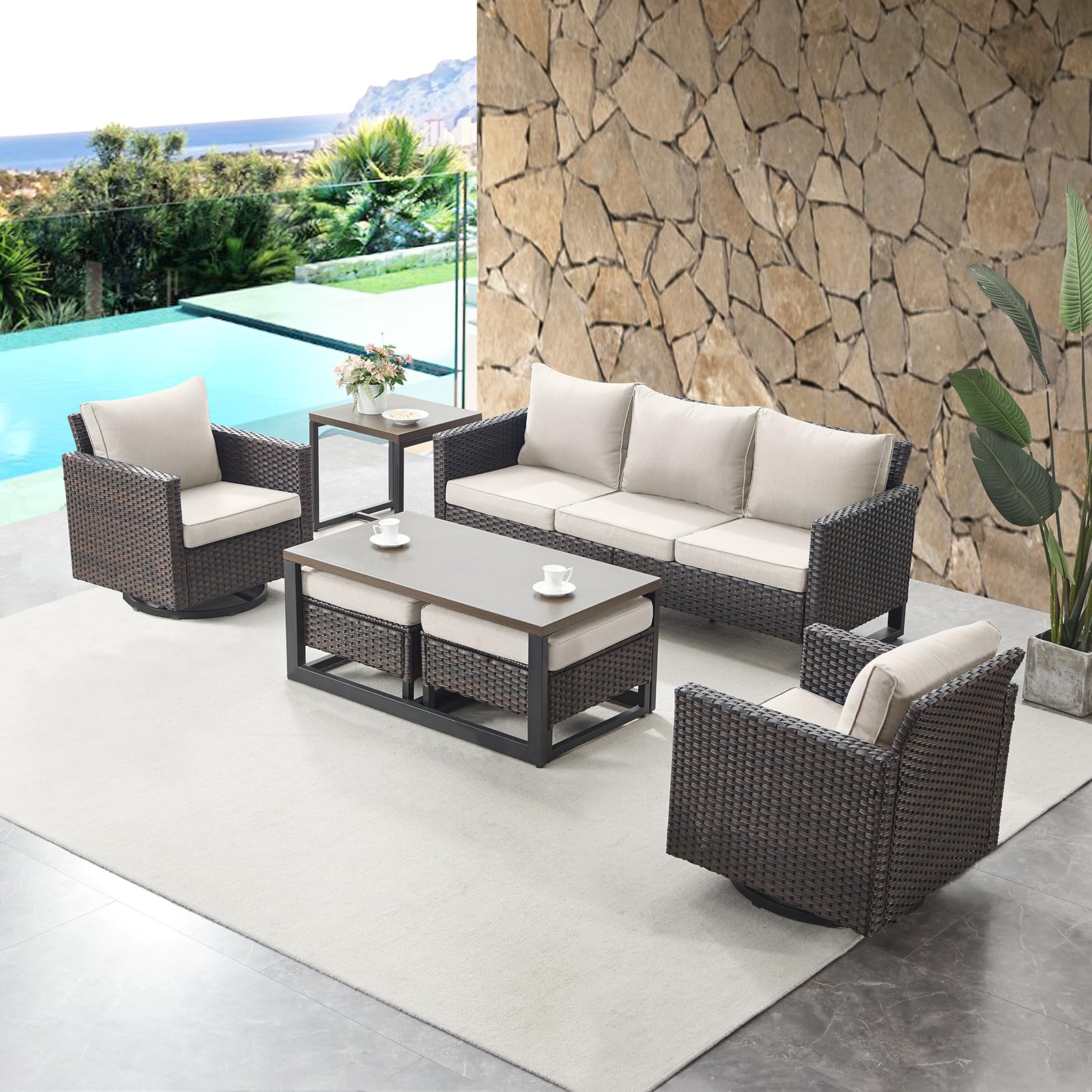 HUMMUH 7 Piece Patio Furniture Set PE Wicker Outdoor Couch,Patio Swivel Rocker Chairs and Ottomans Tables for Porch,Garden,Backyard